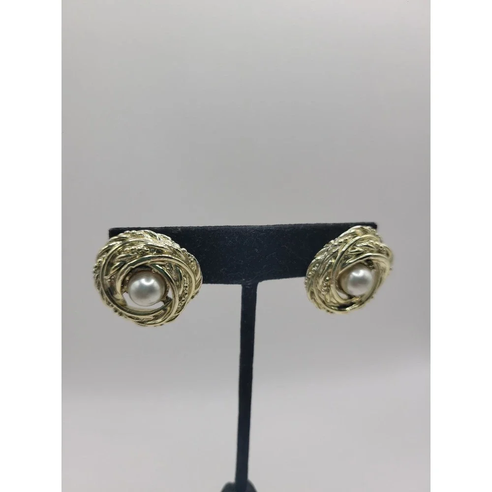 Gold Tone Swirl Knot Faux Pearl Stud Earrings Vintage Textured Rope Post Earring